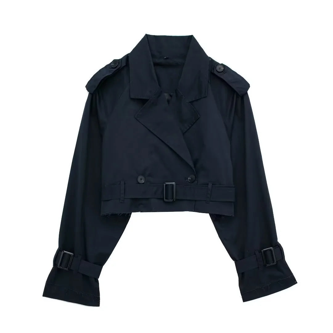 Veste Trench Cropped Femme - Double Boutonnage, Ceinture Ajustable-Jassen-Marais Paris-Bleu Marine-XS-Marais Paris