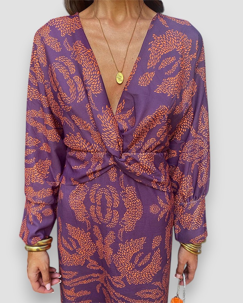 Robe Longue Femme – Imprimée Col V, Nœud Taille, Manches Longues-83293-b9864ab2-3095-4c32-9fb1-bef3660ebc0d