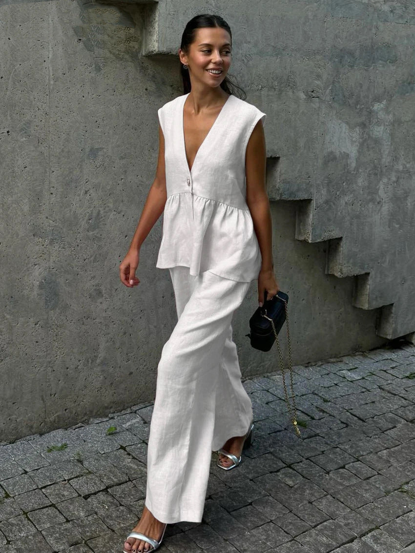 Marais Paris Ensemble Deux Pièces Femme – Lin Léger, Haut Sans Manches Col V & Pantalon Large-83272-bb226c62-e64a-410b-b229-9a98c1cb577a