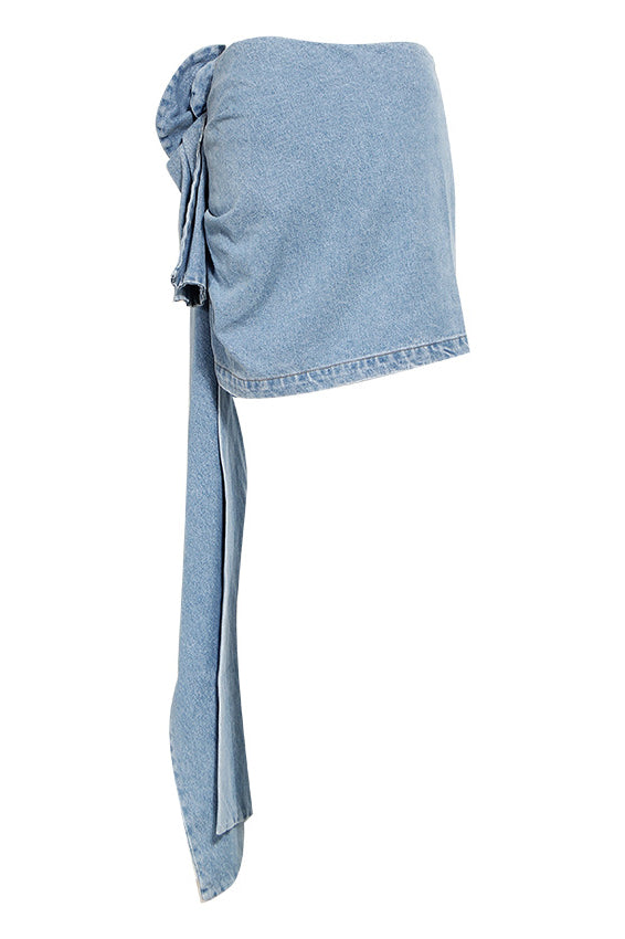 Jupe Denim Asymétrique avec Fleur Sculptée - Mini Jupe Avant-Garde-Mini Skirt-Marais Paris-Marais Paris