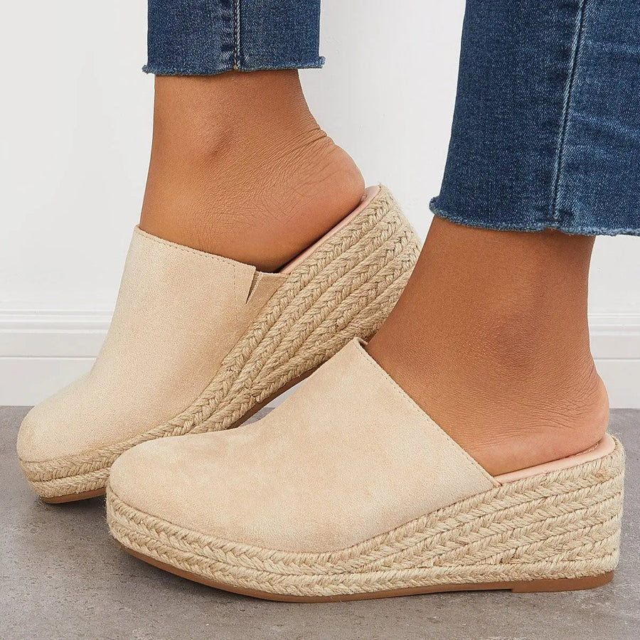 Mules Compensées Femme en Daim – Semelle Espadrille, Facile à Enfiler-83367-bda5abc9-e5c2-4489-84da-0eb6b84e83df