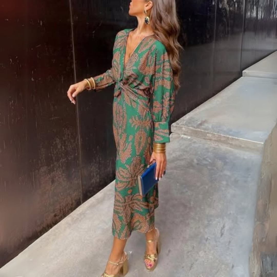 Robe Longue Femme – Imprimée Col V, Nœud Taille, Manches Longues-83293-c2aa4b38-8cf7-4743-9ead-e7af288d0288