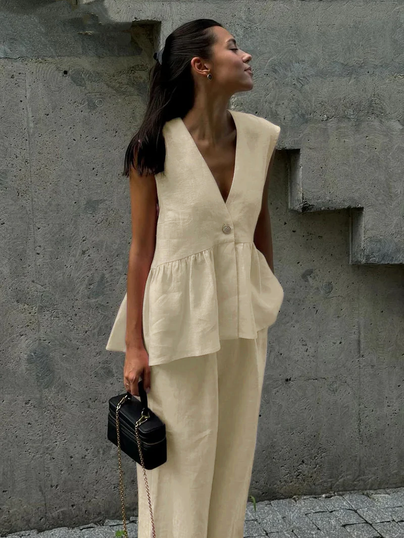 Marais Paris Ensemble Deux Pièces Femme – Lin Léger, Haut Sans Manches Col V & Pantalon Large-83272-c7b9376a-e9aa-4294-a754-0fe2a3d92b64