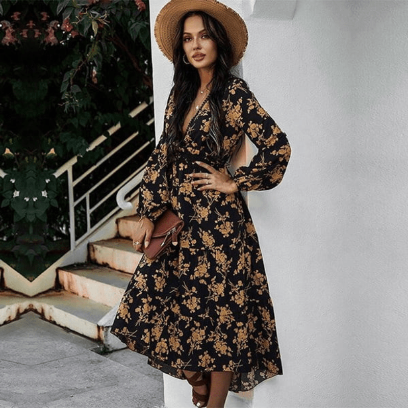 Marais Paris Robe Boho Chic avec Encolure Profonde et Manches Longues-Women Dress-Marais Paris-Marais Paris