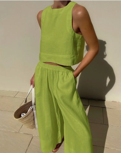 Ensemble Femme Cropped Top & Pantalon Large Taille Élastique-Pants-Marais Paris-Vert-S-Marais Paris