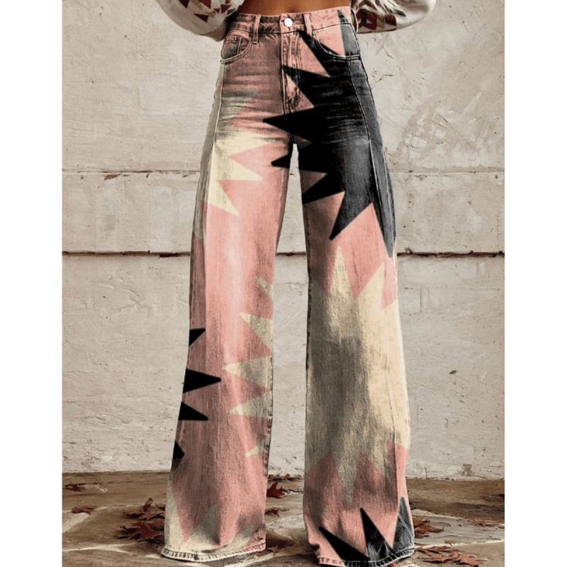 Marais Paris Jeans Large à Motifs Géométriques - Taille Haute-Women Pants-Marais Paris-Rose-S-Marais Paris