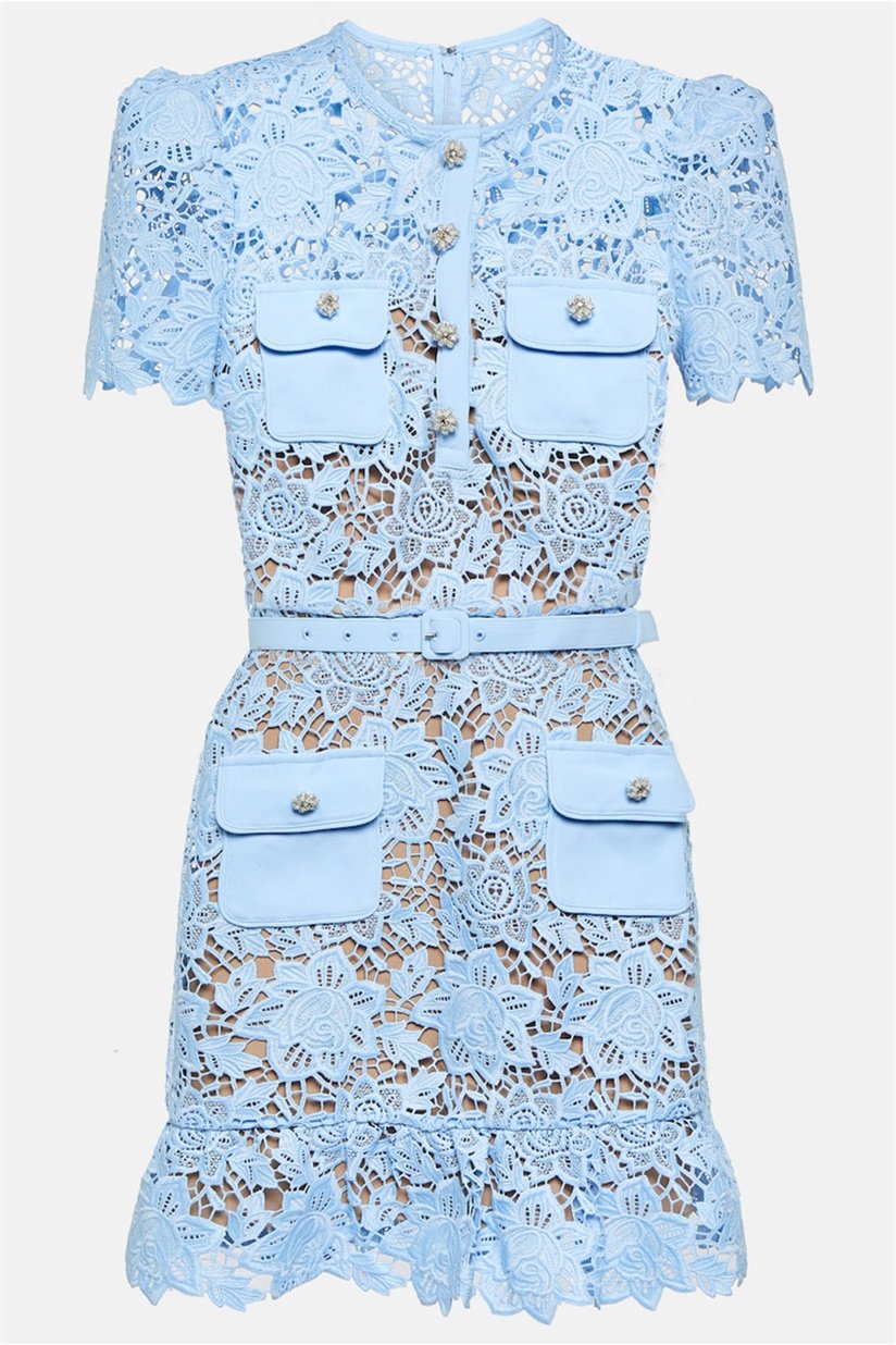 Robe Dentelle Femme, Manches Bouffantes, Ceinture Ajustée, Ourlet Volant-Dresses-Marais Paris-Marais Paris