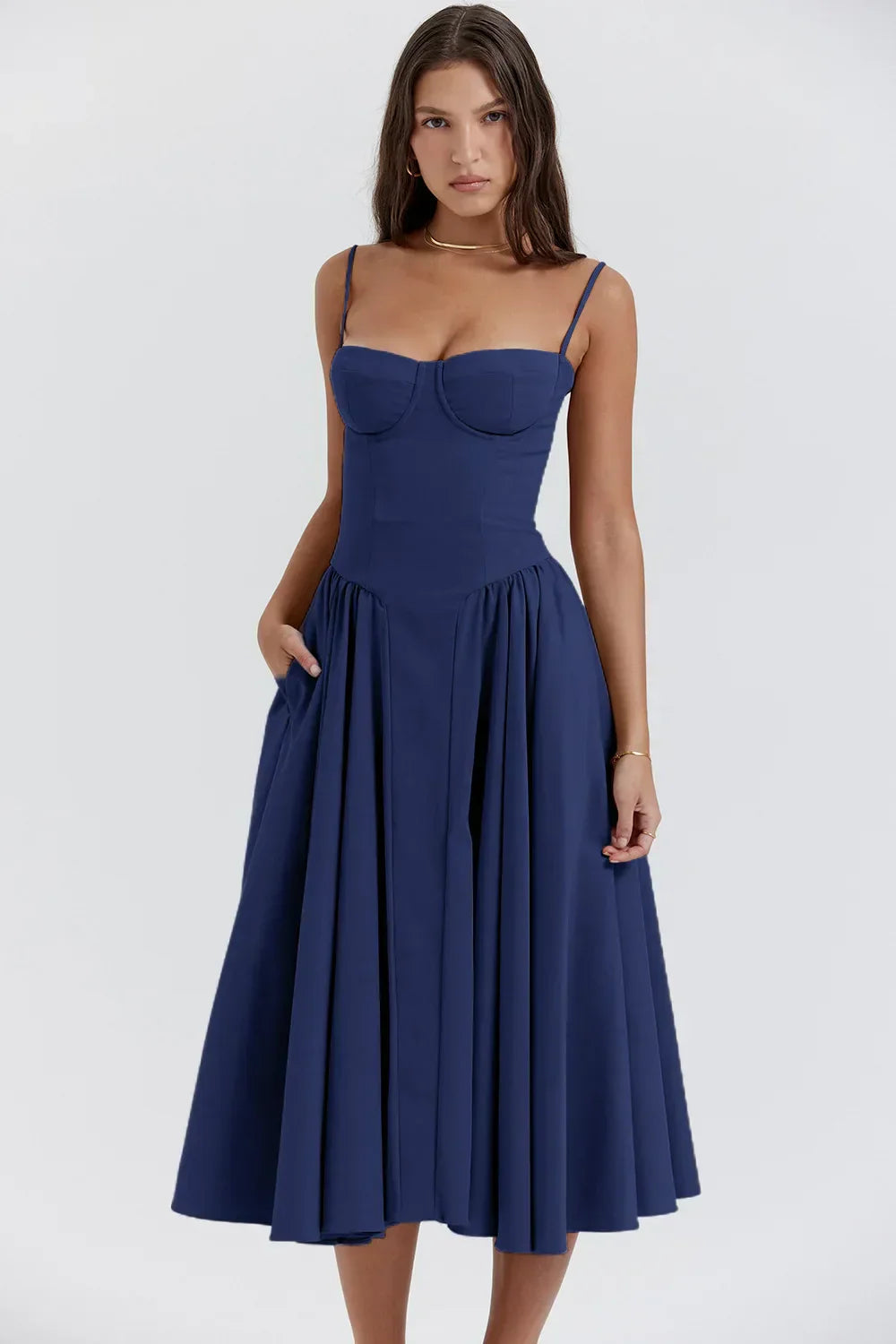 Robe Midi Femme – Bretelles Fines, Corsage Structuré, Jupe Plissée, Poches-83506-dfd19c07-65b1-4957-b2ac-a283e9d90316