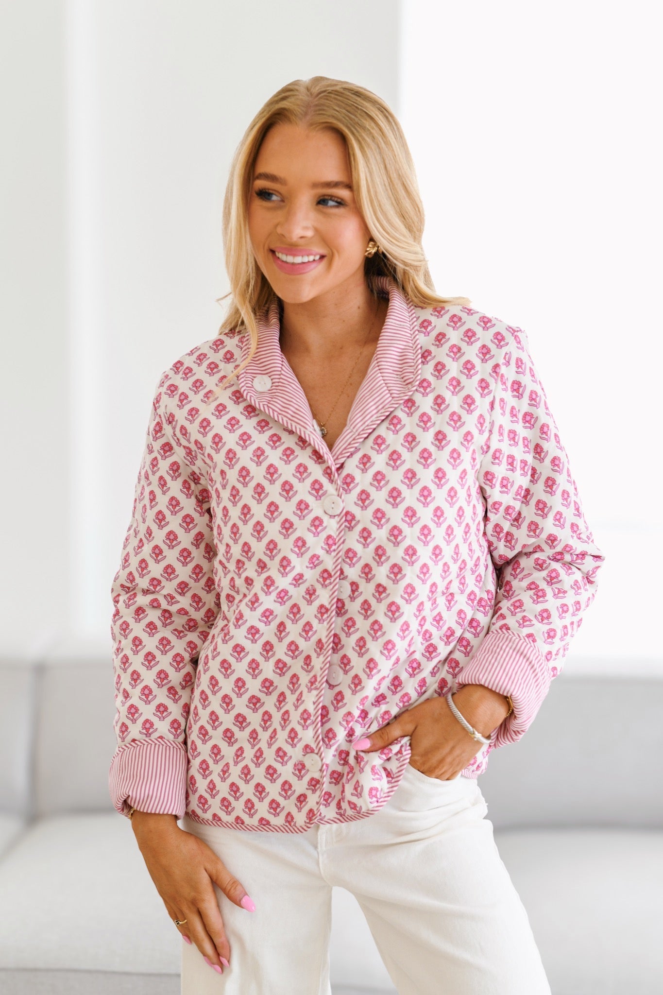 Blouse Boutonnée Femme - Motif Floral, Manches Longues, Coupe Décontractée-Jackets-Marais Paris-Rose-S-Marais Paris