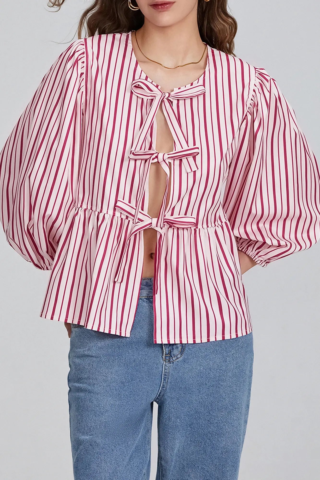 Marais Paris Blouse Femme – Nœud, Ourlet Péplum, Manches Trois-Quarts, Plusieurs Couleurs-83302-e94139da-b7bb-49bc-ad00-089ee80985c6