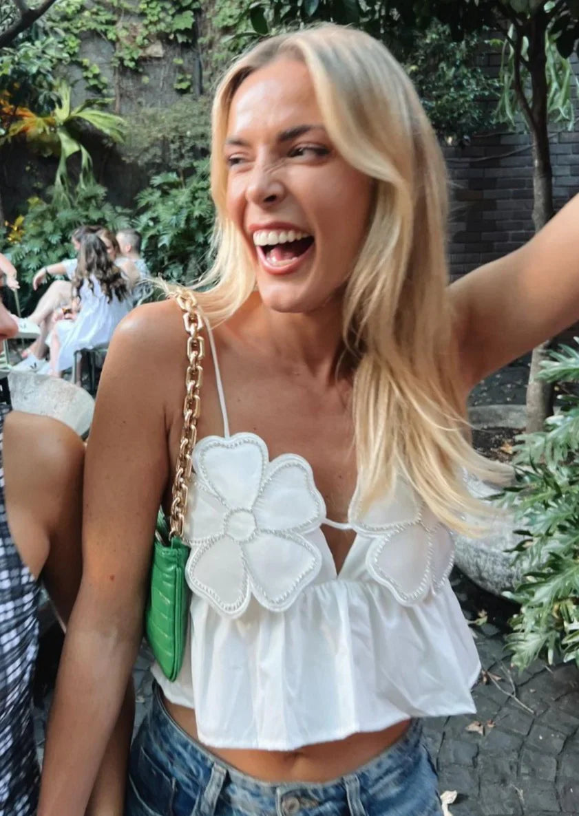 Haut Peplum Fleuri - Bretelles Spaghetti, Ornements Strass-Marais Paris-Marais Paris