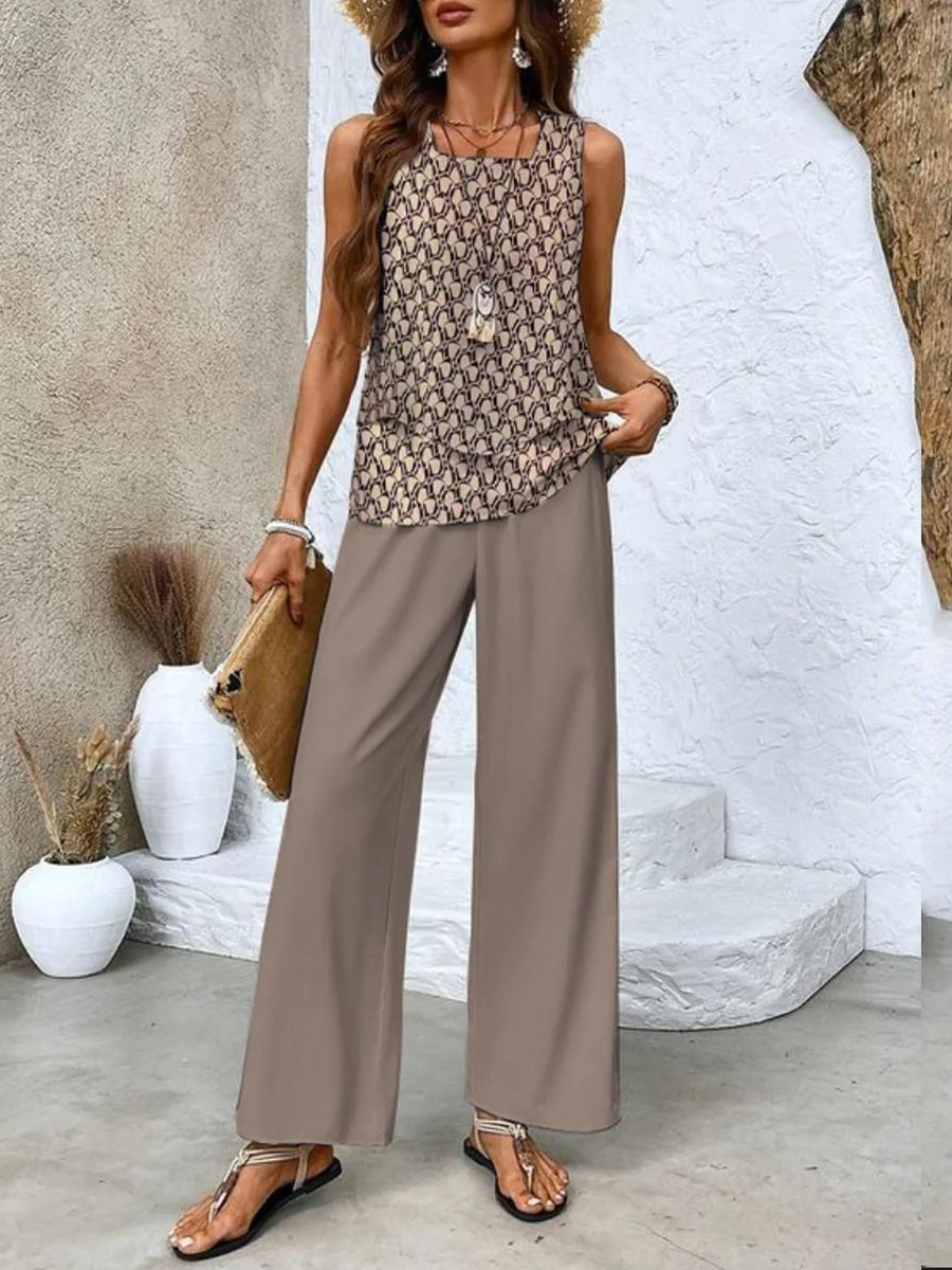 Top et Pantalon Large Femme - Ensemble Bohème Chic - Rayures et Motifs-Outfit Sets-Marais Paris-Marron-S-Marais Paris