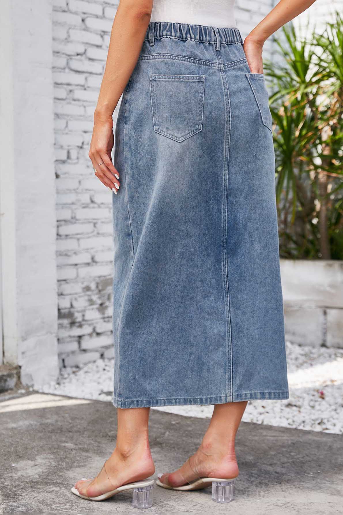 Jupe Midi Denim Femme - Taille Élastique, Fente Avant, Style Décontracté-Maxi Skirt-Marais Paris-Marais Paris