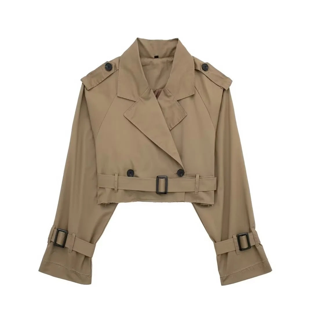 Veste Trench Cropped Femme - Double Boutonnage, Ceinture Ajustable-Jassen-Marais Paris-Brun Foncé-XS-Marais Paris