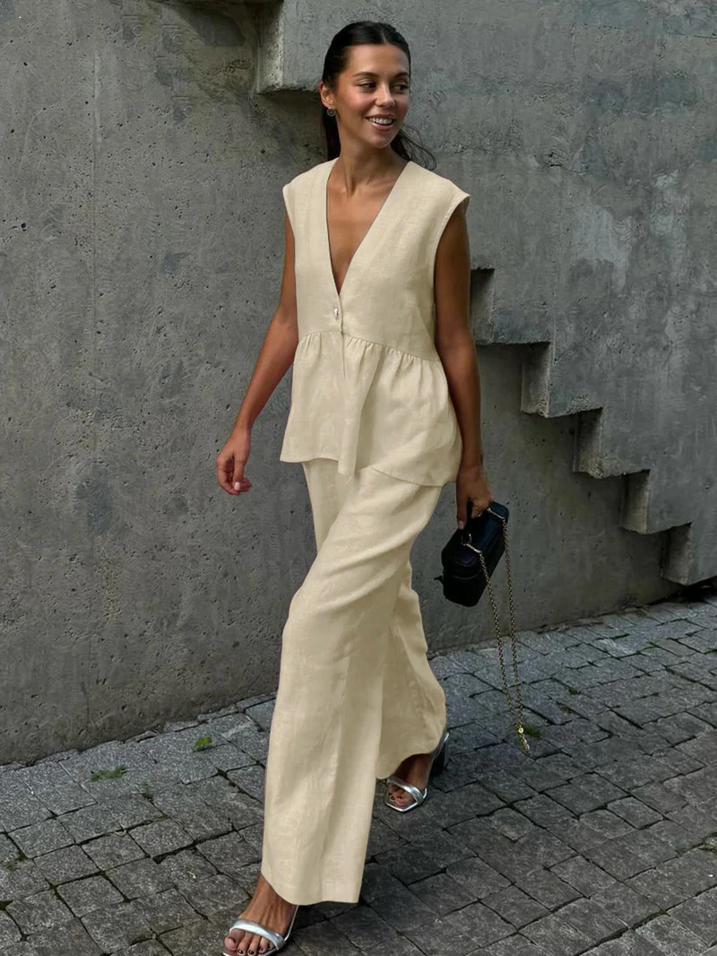 Marais Paris Ensemble Deux Pièces Femme – Lin Léger, Haut Sans Manches Col V & Pantalon Large-83272-f4de8f55-5acf-4d12-aacf-08c7b8ad49f0