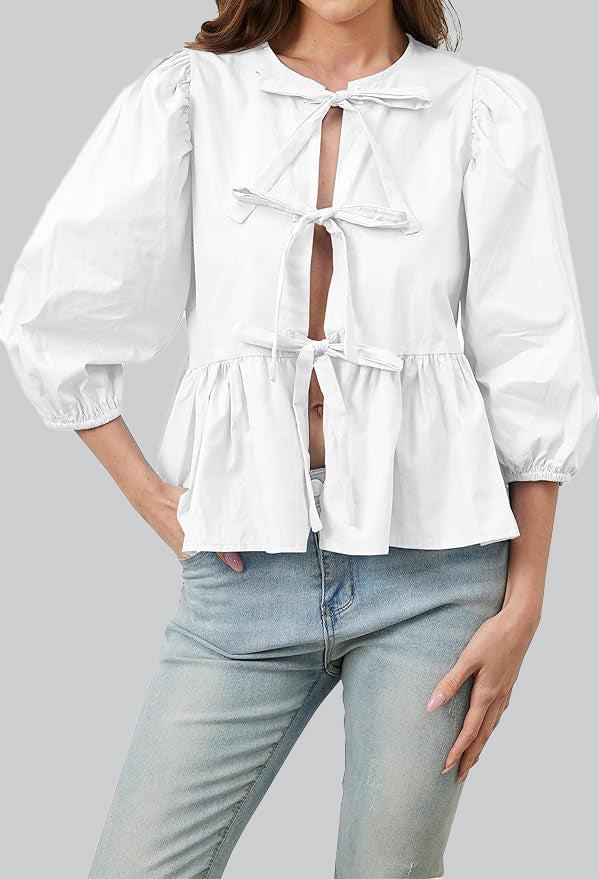 Marais Paris Blouse Femme – Nœud, Ourlet Péplum, Manches Trois-Quarts, Plusieurs Couleurs-83302-f8705f6f-ba71-43ad-bc30-67aacff897d0