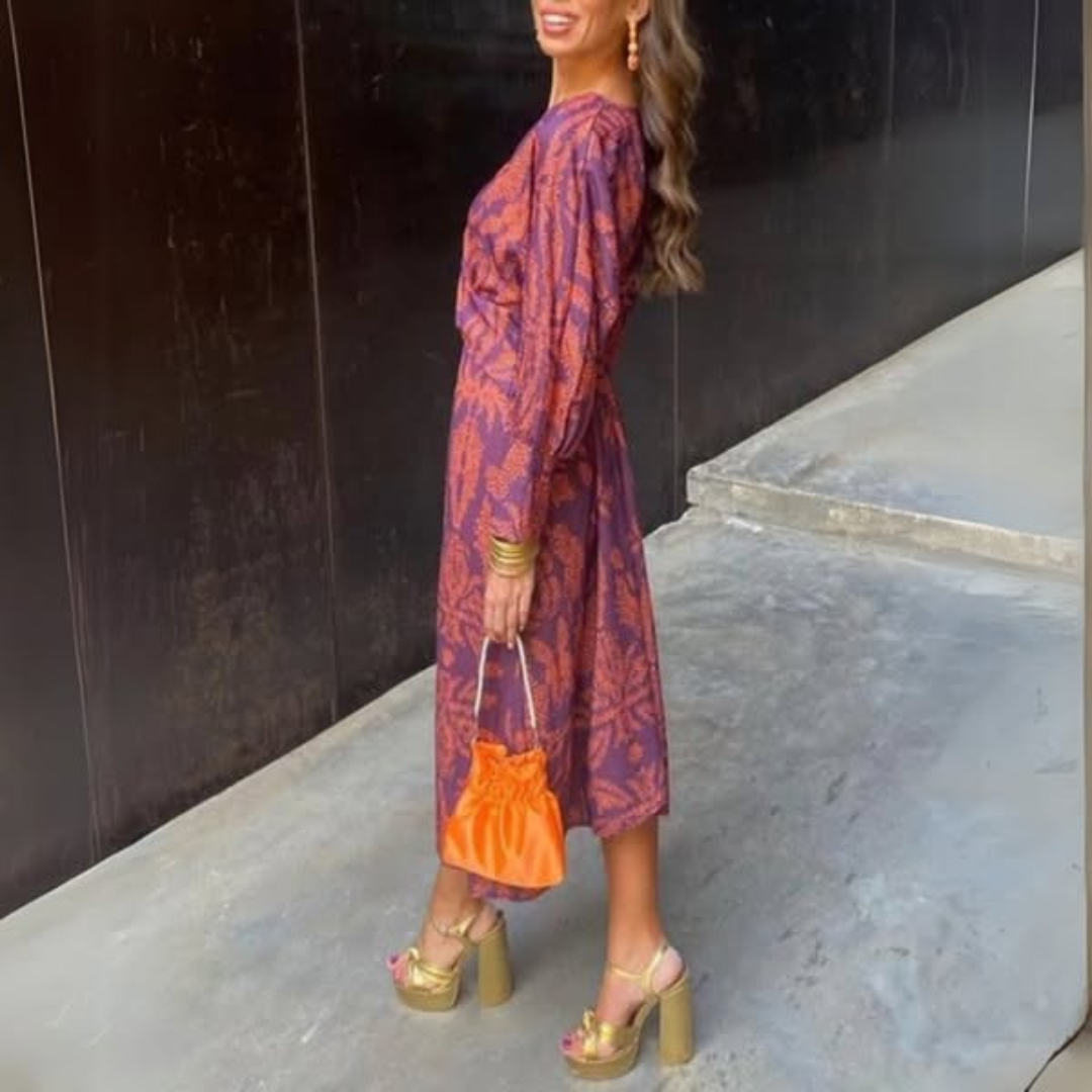 Robe Longue Femme – Imprimée Col V, Nœud Taille, Manches Longues-83293-faedb750-924e-48da-9f5b-c436018c2175