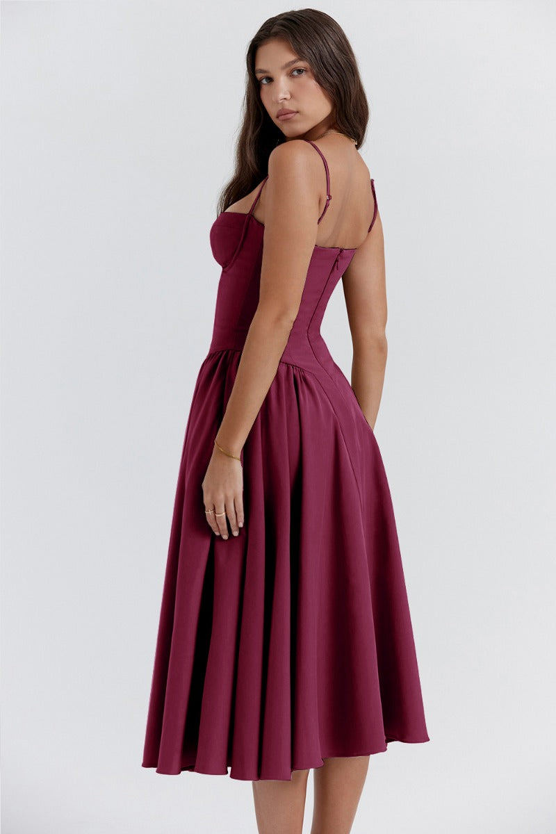 Robe Midi Femme – Bretelles Fines, Corsage Structuré, Jupe Plissée, Poches-83506-fb160f39-d796-4a37-9d72-75abd381c6ff