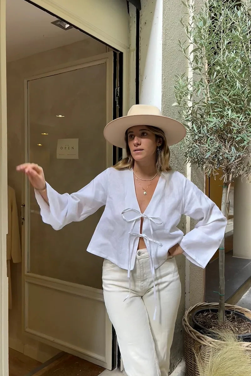 Femme Ensemble Deux Pièces Lin – Haut Manches Longues Noué Short Taille Élastique Décontracté-83296-ffbb7dff-d3a9-459c-acb8-a332e7ef9bc2