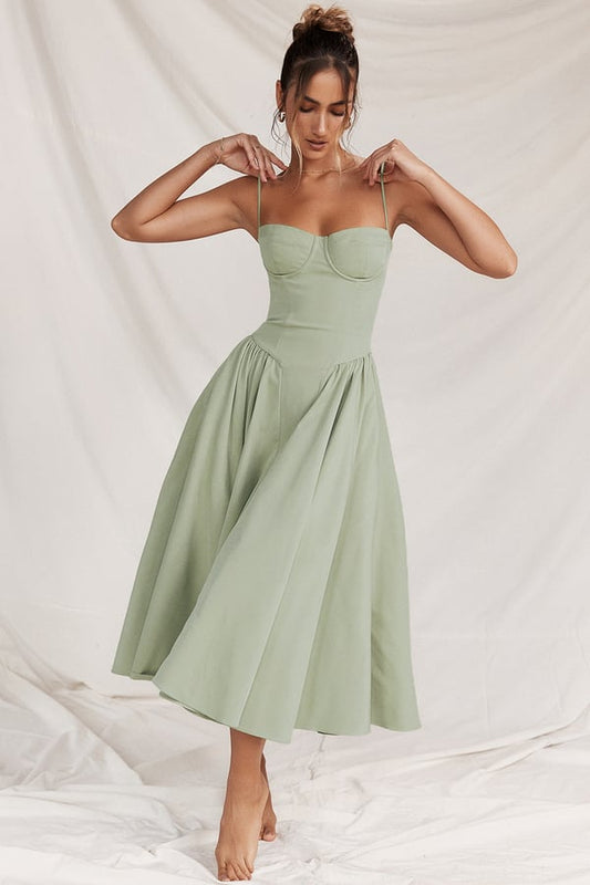 Robe Midi Femme – Bretelles Fines, Corsage Structuré, Jupe Plissée, Poches-83506-01554579-39c1-4941-8788-a270f96c12de