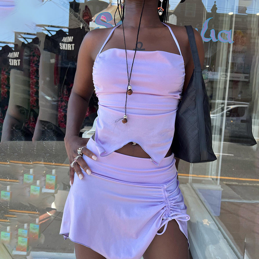 Ensemble Haut Halter & Mini-Jupe Ruchée - Soie Douce, Coupe Asymétrique-Marais Paris-Violet-S-Marais Paris