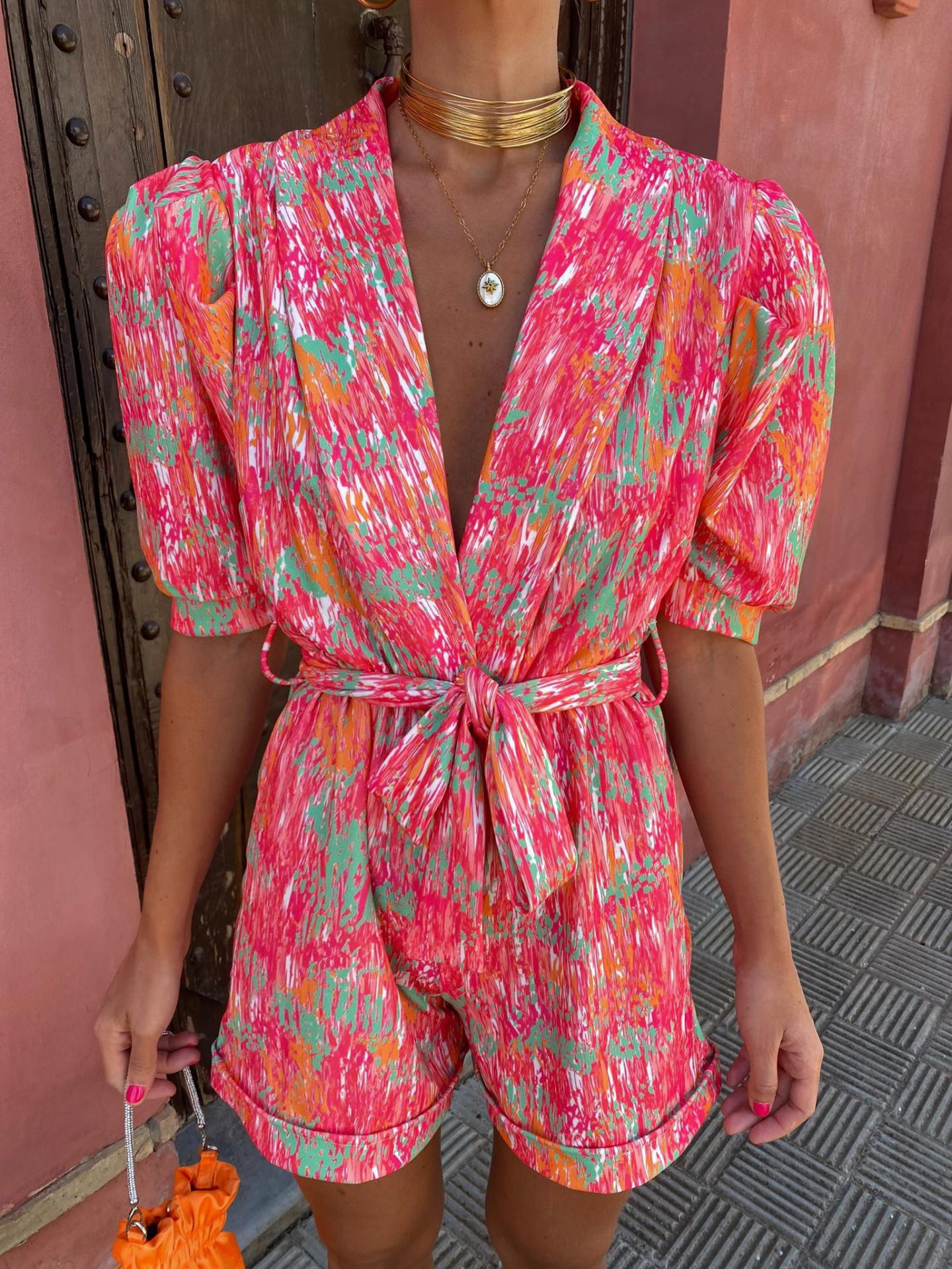 Romper Imprimé Abstrait Femme - Ceinture, Manches Courtes, Été-Jumpsuit-Marais Paris-Marais Paris