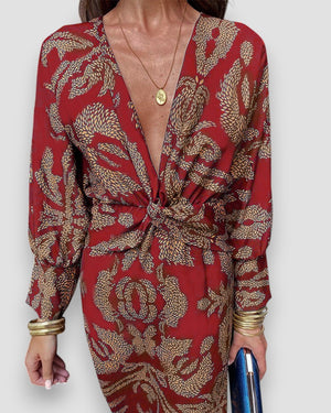 Robe Longue Femme – Imprimée Col V, Nœud Taille, Manches Longues-83293-0cd70f95-a68a-4a1f-a035-41577c935f07