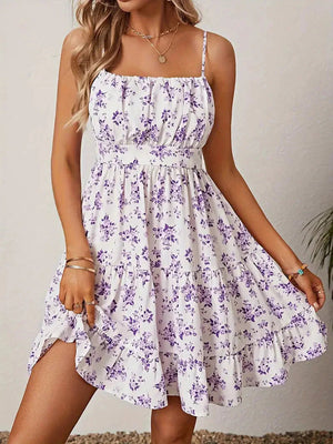 Robe d'été à fleurs, bretelles fines, jupe à volants-Dresses-Marais Paris-Violet-S-Marais Paris