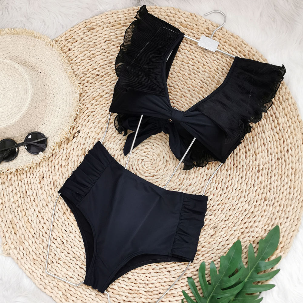 Maillot de bain chic et moderne pour femmes, taille haute, volants-Swimwear-Marais Paris-Noir-S-Marais Paris