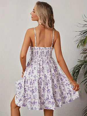 Robe d'été à fleurs, bretelles fines, jupe à volants-Dresses-Marais Paris-Marais Paris