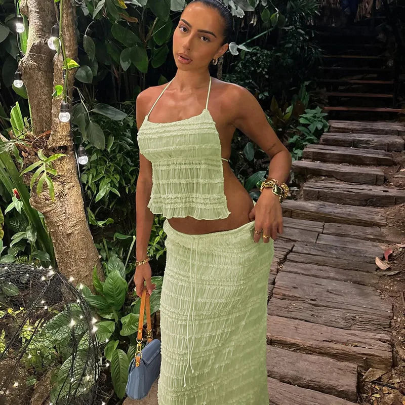 Ensemble Deux Pièces Femme – Haut Licou Texturé & Jupe Midi, Taille Cordon, Plusieurs Couleurs-83709-1a8d634d-78d1-4e40-b513-8f417dbed9c3