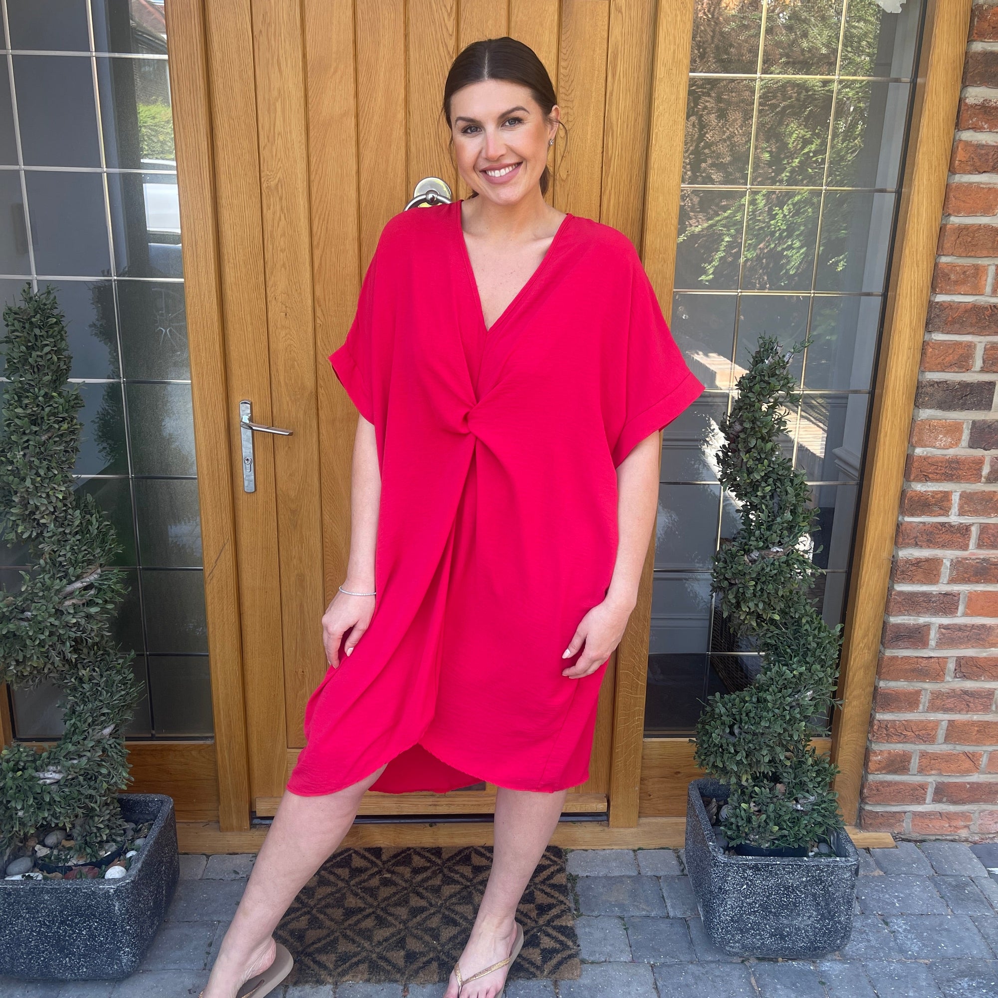 Robe Midi Détail Nœud Torsadé Manches Courtes-Belle Rose Fashion-Bellerose Fashion