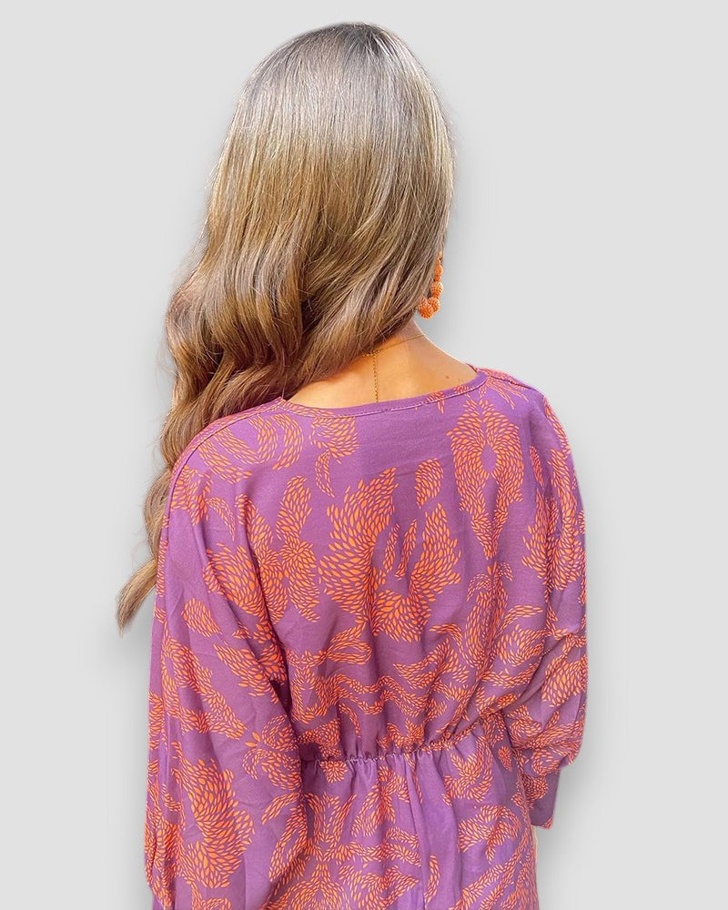 Robe Longue Femme – Imprimée Col V, Nœud Taille, Manches Longues-83293-1ff39bf6-df81-45de-a0ec-157aa262a515