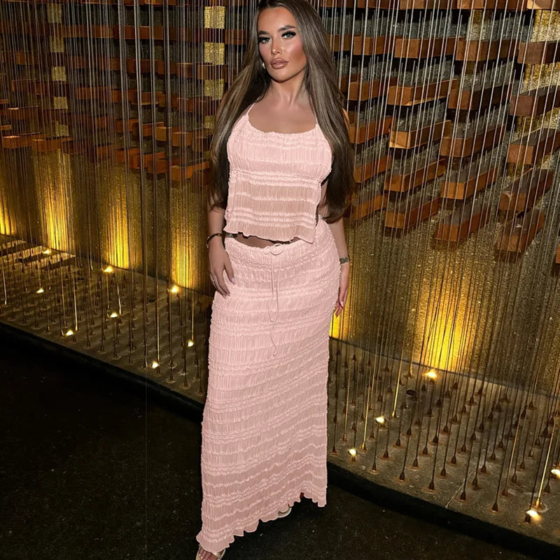 Ensemble Deux Pièces Femme – Haut Licou Texturé & Jupe Midi, Taille Cordon, Plusieurs Couleurs-83709-2098fa95-8861-40fd-aa4c-6f9b466dfed1