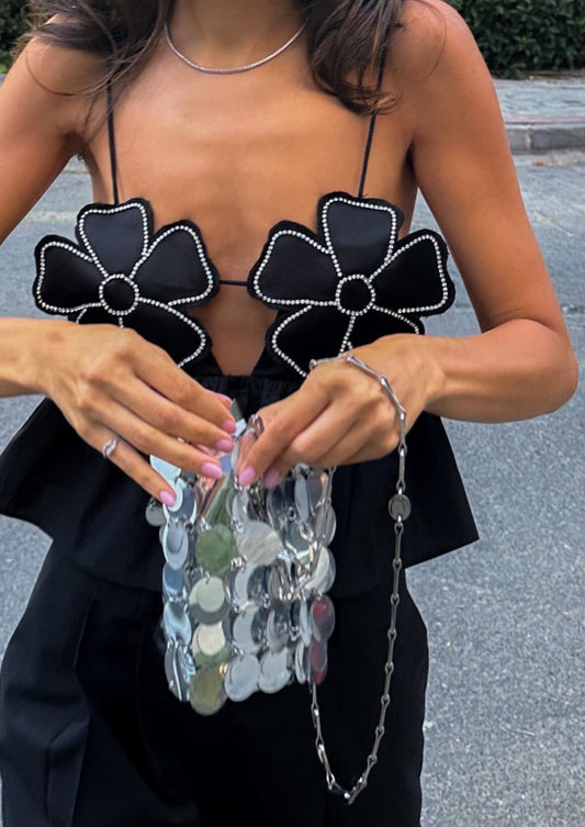 Haut Peplum Fleuri - Bretelles Spaghetti, Ornements Strass-Marais Paris-Marais Paris