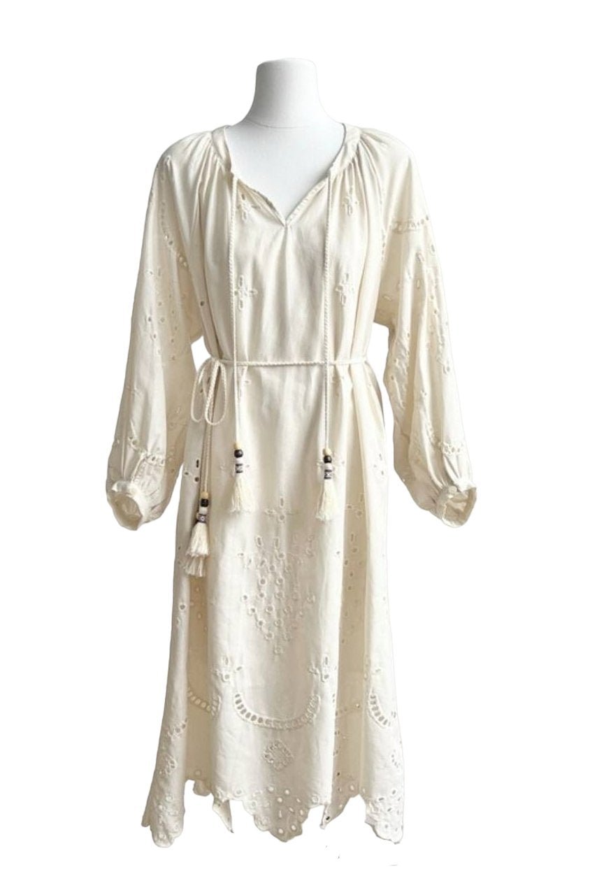 Robe Midi Bohème Broderie Anglaise - Manches Volumineuses, Taille Ajustable-Dresses-Marais Paris-Marais Paris