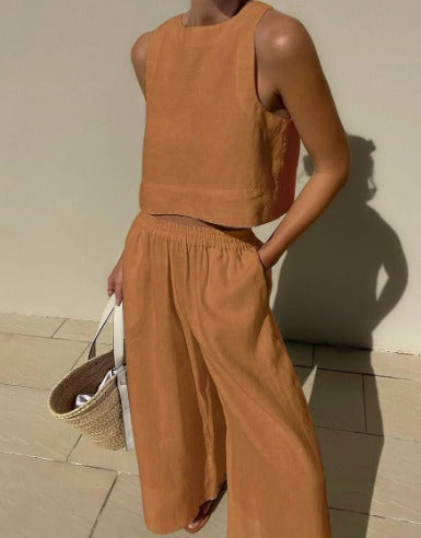 Ensemble Femme Cropped Top & Pantalon Large Taille Élastique-Pants-Marais Paris-Marron-S-Marais Paris