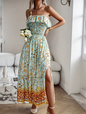 Robe Midi Florale Bohème - Sans Bretelles, Smockée, Fente Haute-Dresses-Marais Paris-Vert Clair-S-Marais Paris