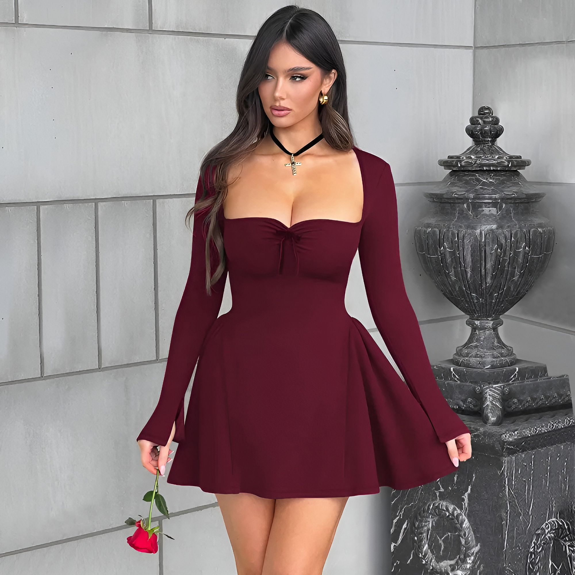Femme Mini-Robe Décolleté Carré Manches Longues Coupe Trapèze-83527-2acc07ac-8445-4444-a024-97b5654dc767