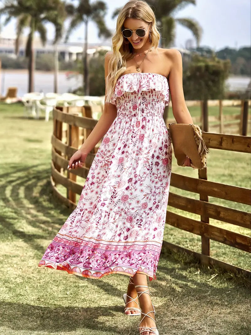 Robe Midi Florale Bohème - Sans Bretelles, Smockée, Fente Haute-Dresses-Marais Paris-Marais Paris