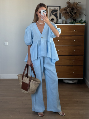 Marais Paris Ensemble Deux Pièces Femme Lin – Haut Col V Manches Bouffantes & Pantalon Large-83274-350be112-09bf-4698-93ad-a45ce3b240ee