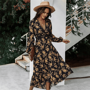 Marais Paris Robe Boho Chic avec Encolure Profonde et Manches Longues-Women Dress-Marais Paris-Marais Paris