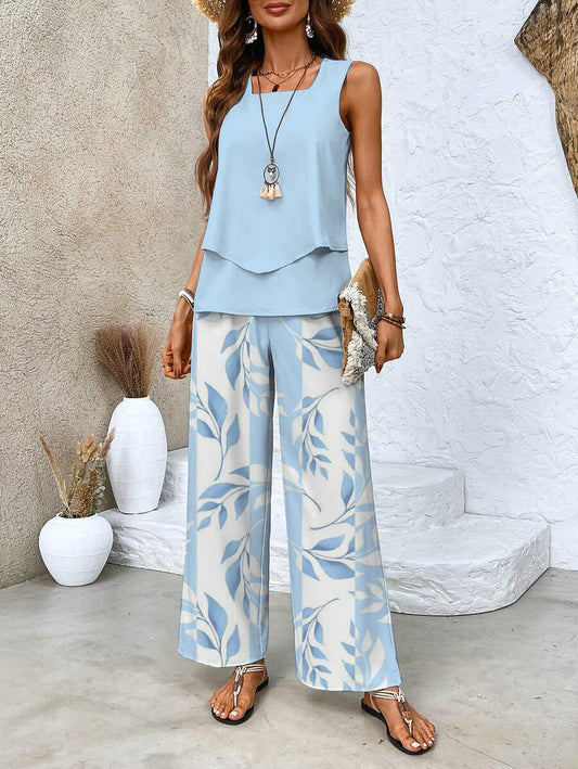 Top et Pantalon Large Femme - Ensemble Bohème Chic - Rayures et Motifs-Outfit Sets-Marais Paris-Bleu-S-Marais Paris