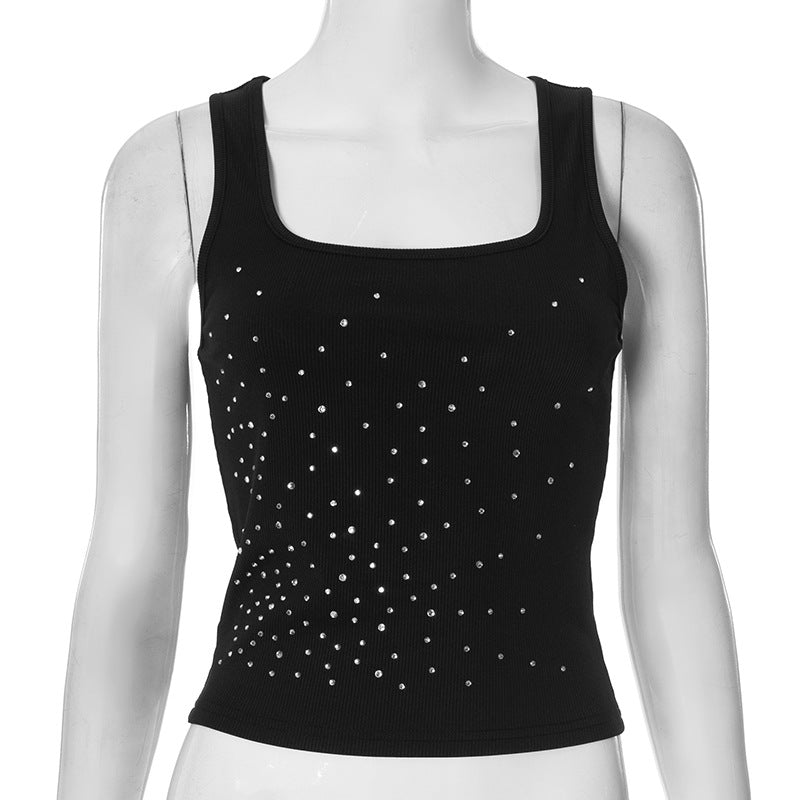 Haut Court Texturé à Strass - Coupe Ajustée, Encolure Carrée-Marais Paris-Noir-S-Marais Paris