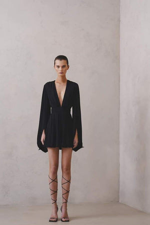 Robe Fluide Manches Ballons, Encolure V, Taille Définie-Dresses-Marais Paris-Marais Paris