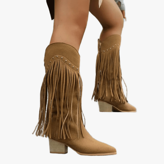 Bottes tendance à franges avec talon bloc et design élégant-Women Boots-Marais Paris-Marron-36-Marais Paris