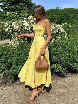 Robe A-Line Bustier à Volants - Coupe A-Line, Bustier, Fente Latérale-Dresses-Marais Paris-Jaune Soleil-XS-Marais Paris