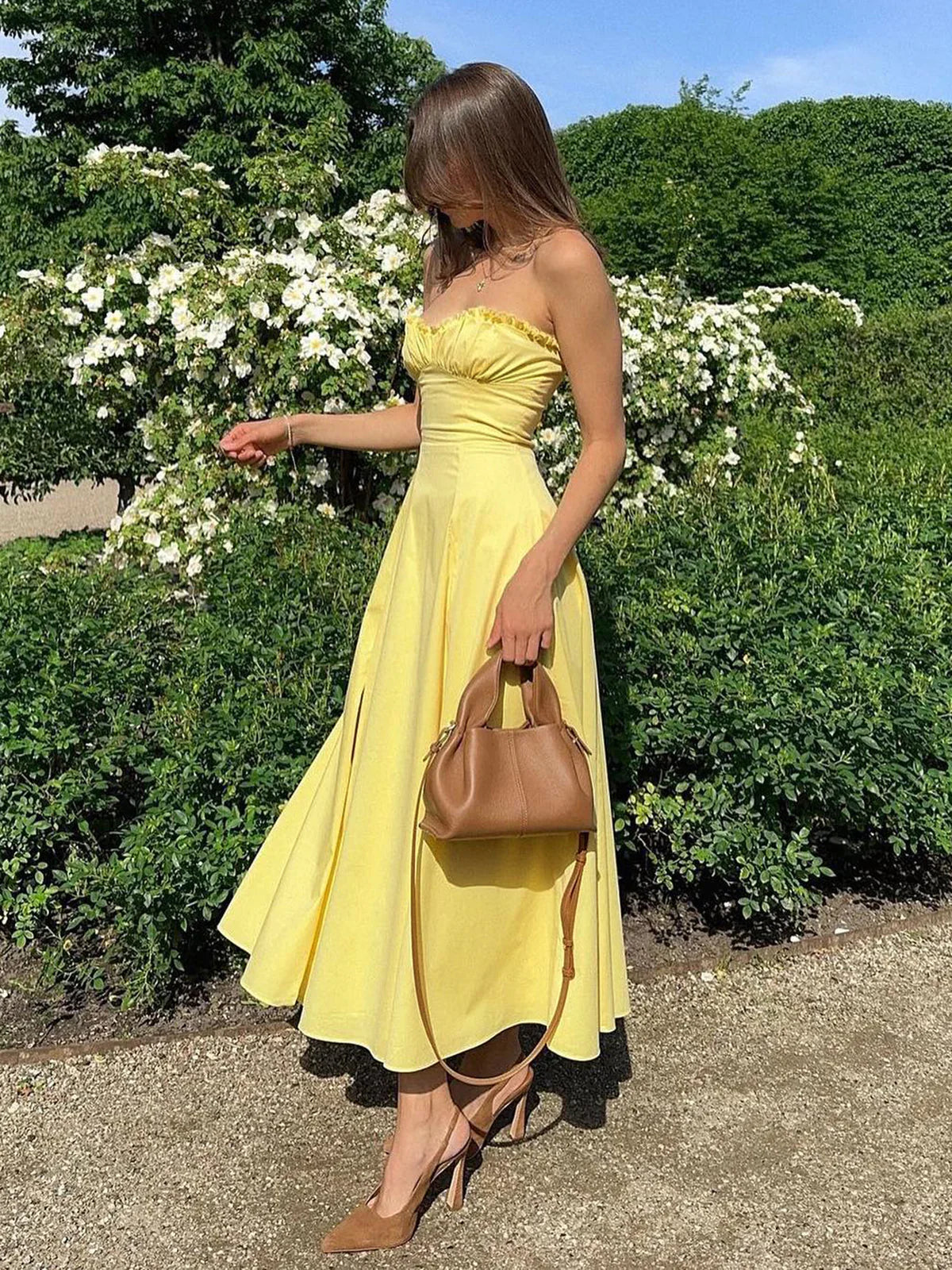 Robe A-Line Bustier à Volants - Coupe A-Line, Bustier, Fente Latérale-Dresses-Marais Paris-Jaune Soleil-XS-Marais Paris