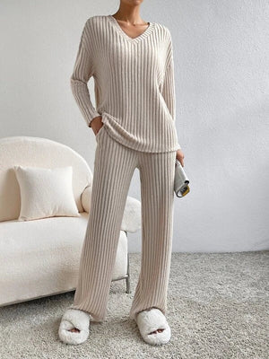Ensemble Lounge Femme - Haut Col V, Pantalon Jambes Larges-Loungewear-Marais Paris-Beige-S-Marais Paris