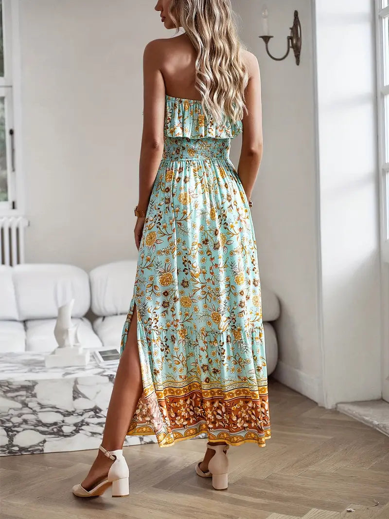 Robe Midi Florale Bohème - Sans Bretelles, Smockée, Fente Haute-Dresses-Marais Paris-Marais Paris